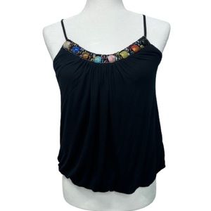 Twentyone Black Sleeveless Top Beaded Neckline Bohemian Boho,100% Rayon Sz Large